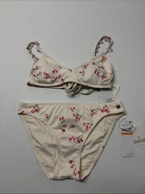 CeCe Ivory Floral Textured Bikini Set with Pink Blossoms top XS bottom SM